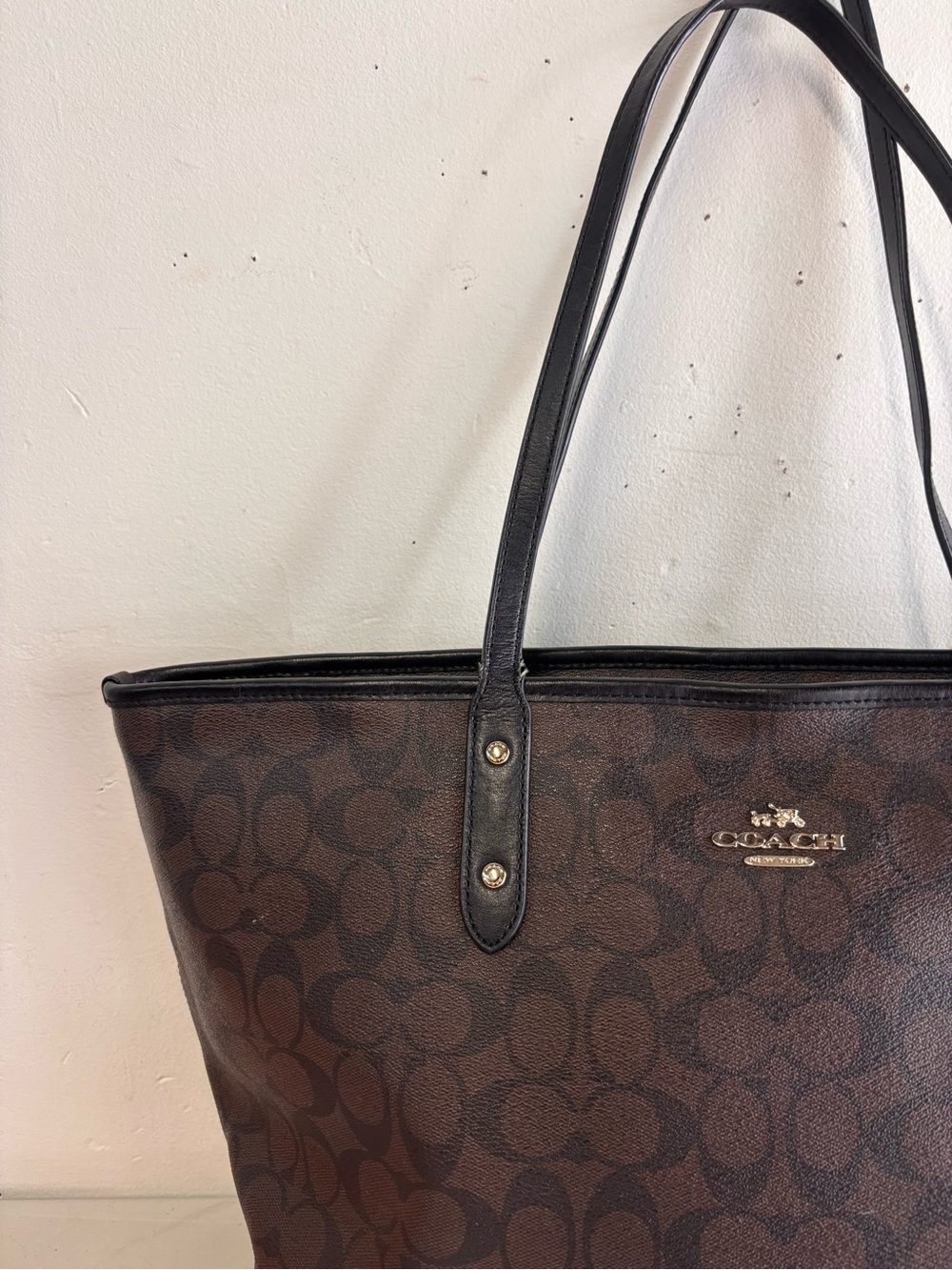 Coach Brown Signature Canvas Large Tote with Black Leather Straps